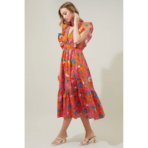 Roberto Rodriguez Womens Floral Whimsy Boho Ruffle Tiered Midi Dress M - Picture 3 of 16